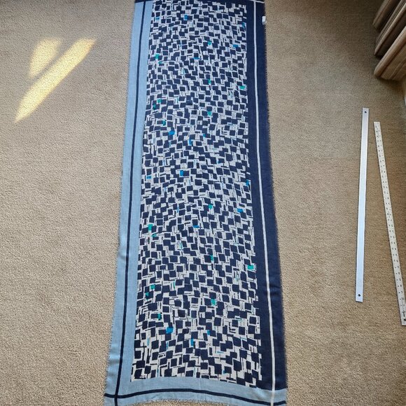 Kinross Silk Cashmere Scarf Blue Squares - Picture 1 of 11